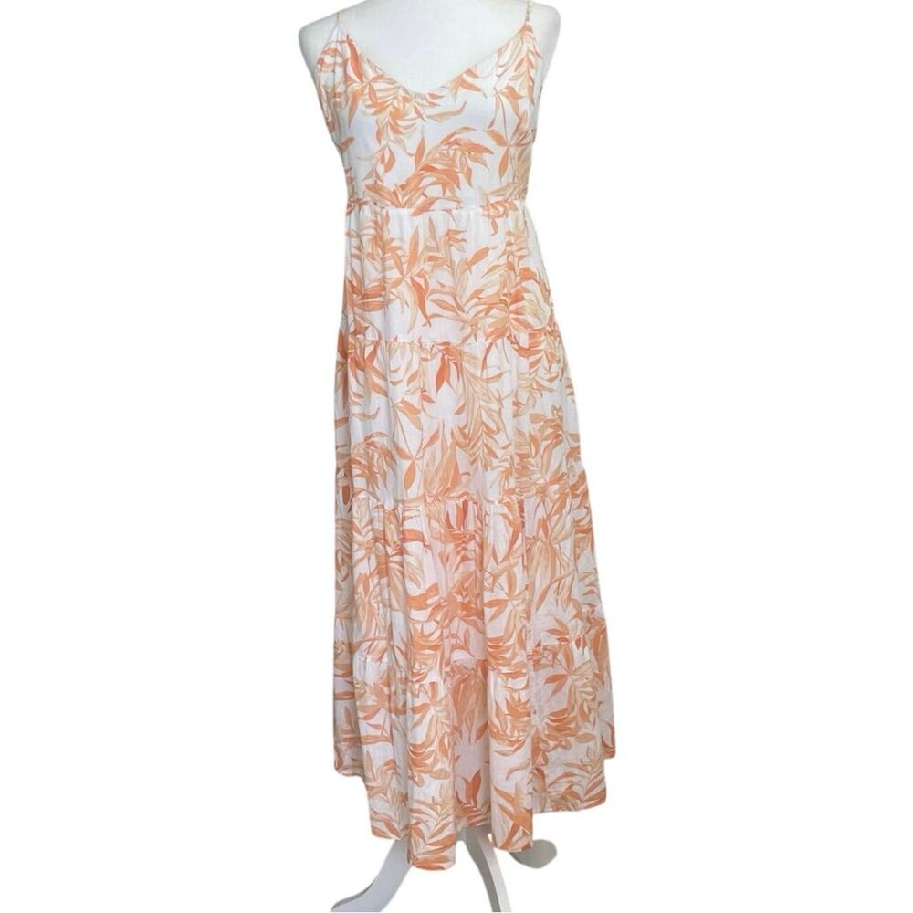 Abercrombie & Fitch Linen Blend Tropical Print Tiered Maxi Dress Sz L -Coastal
